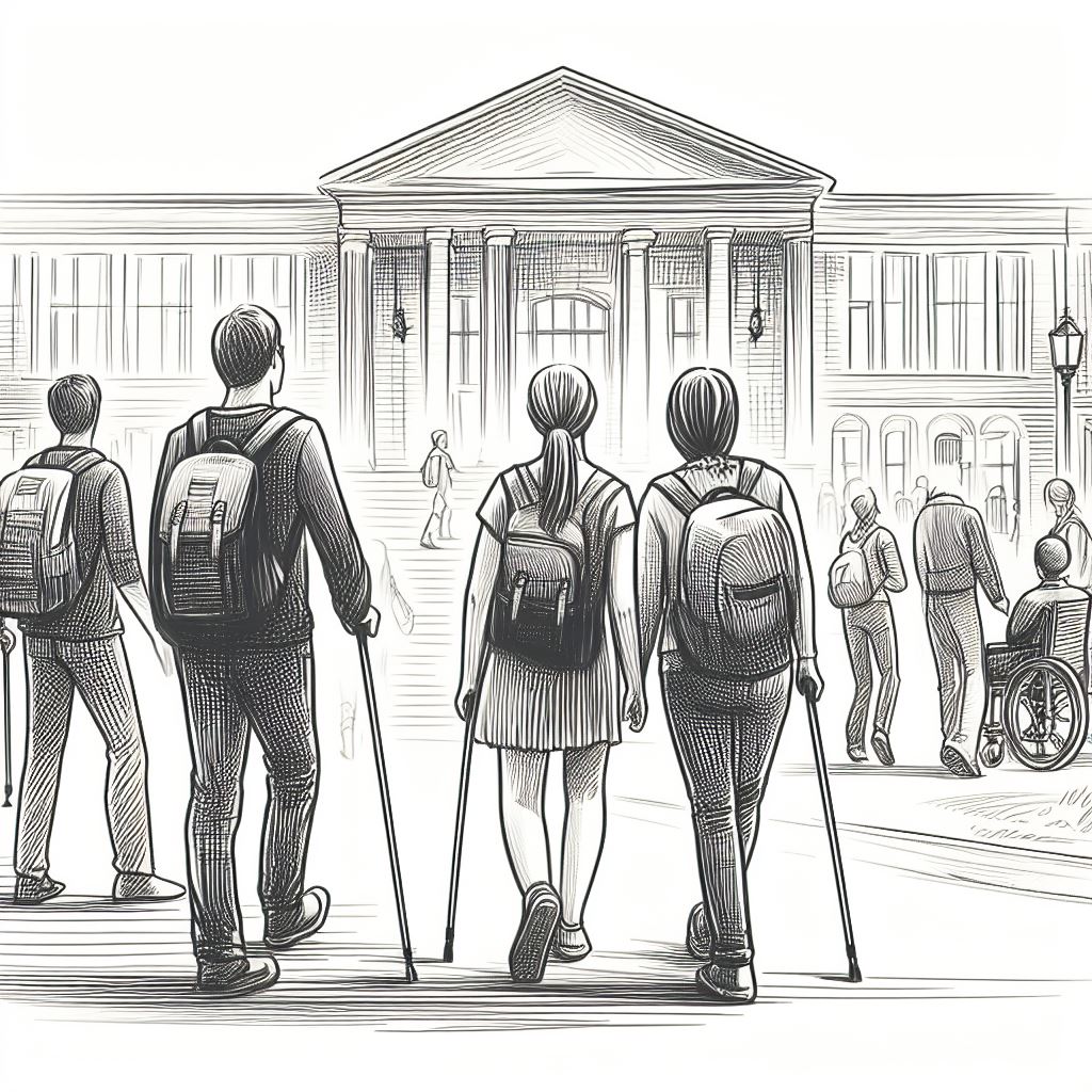 A drawing of young adults walking, seen from behind, with a cane, across a university campus.